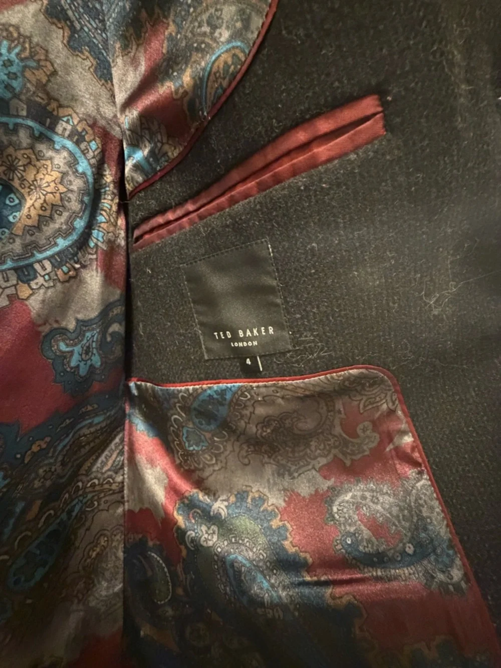 Ted Baker Dark Charcoal Pea Coat with Patterned Lining - Picture 3 of 9